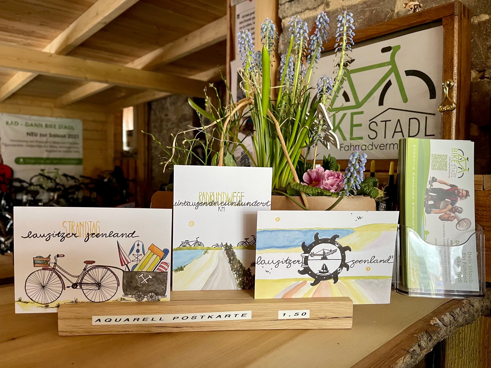 Bike Stadl Fahrradvermietung Postkarten Aquarell Lausitzer Seenland